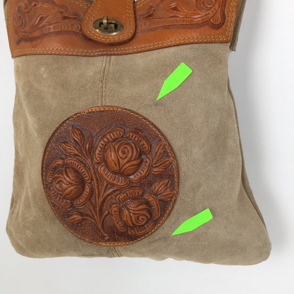 Vintage Mont-Abur Boho Tooled Leather Suede Shoulder Bag Purse Hippie Floral - Picture 8 of 15
